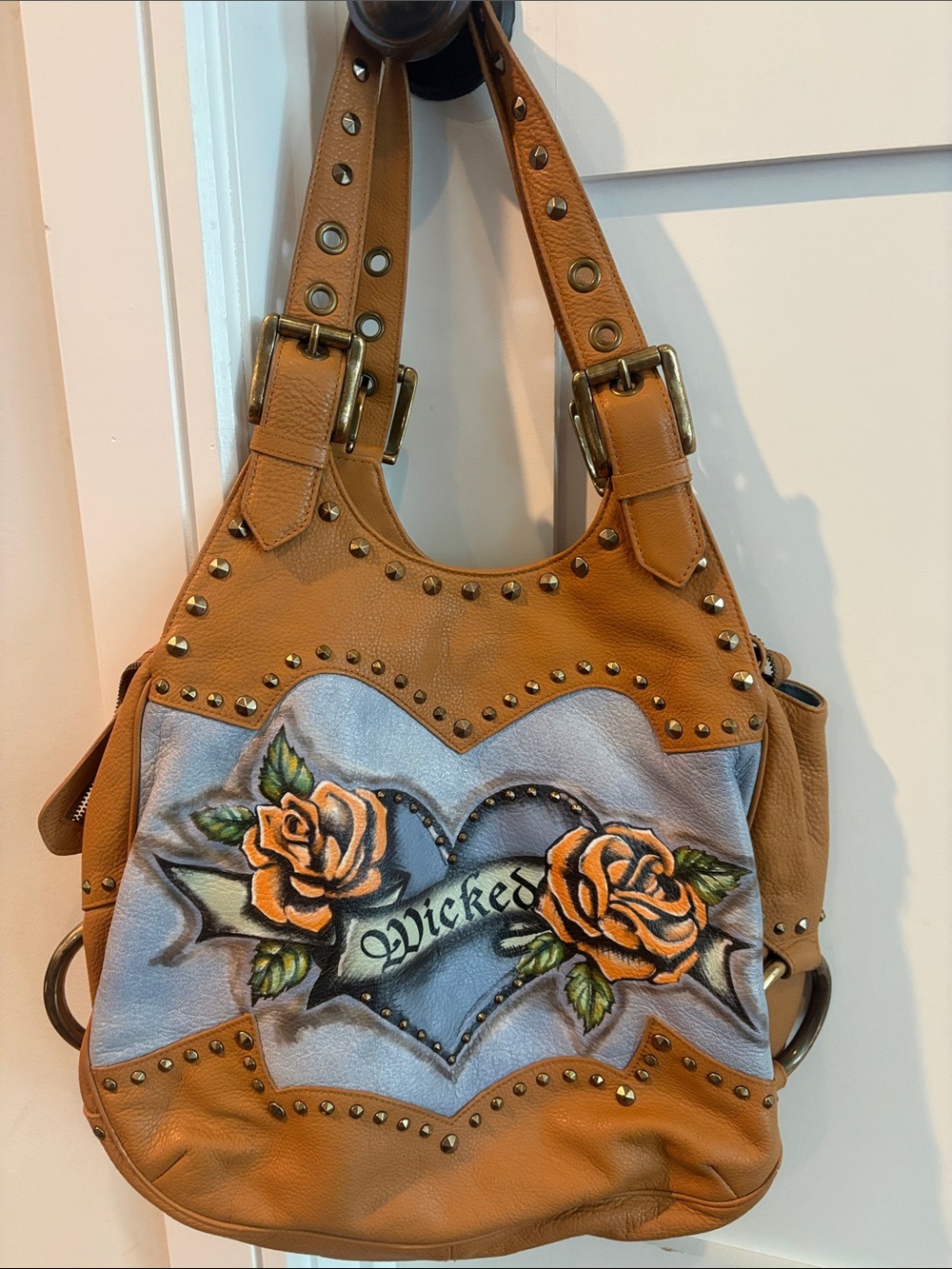Isabella Fiore Leather Wicked Floral Heart Studded Shoulder Bag in Tan Rare